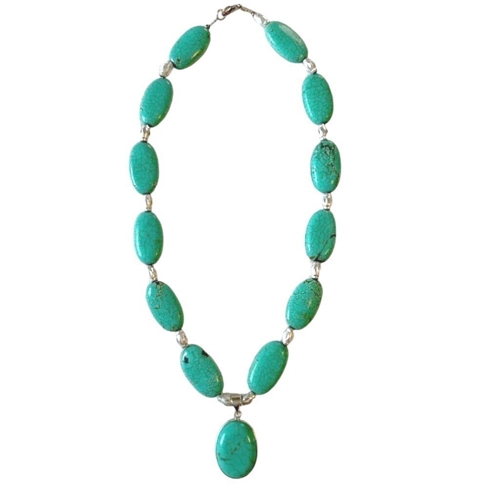Vintage Faux Turquoise Necklace Southwestern Boho Green Oval Jewelry About 20 In
